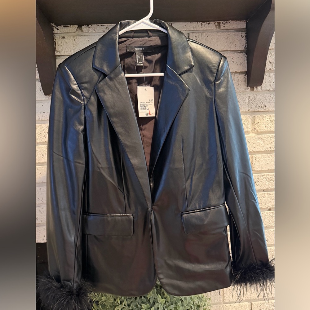 Forever 21 Black Faux Leather Blazer with Feather/Fur Sleeve